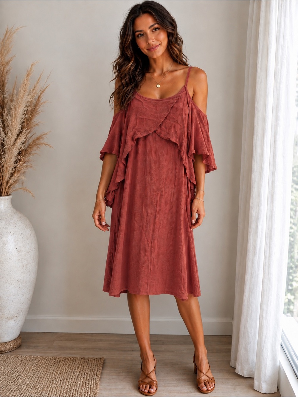 Mossimo Supply Co. Cold-Shoulder Ruffle Midi Dress in Rust